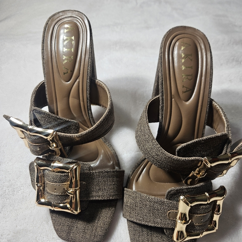 AKIRA Brown Heels with Gold Buckles